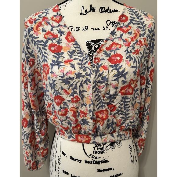 BILLABONG Surplice Safe Bet Blouse Floral Boho Cropped Womens Small Relax Fit - Picture 3 of 13